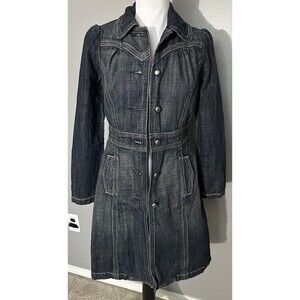 Twenty One Junior Sz Small Long Blue Jean Jacket Button Up Denim Coat EUC